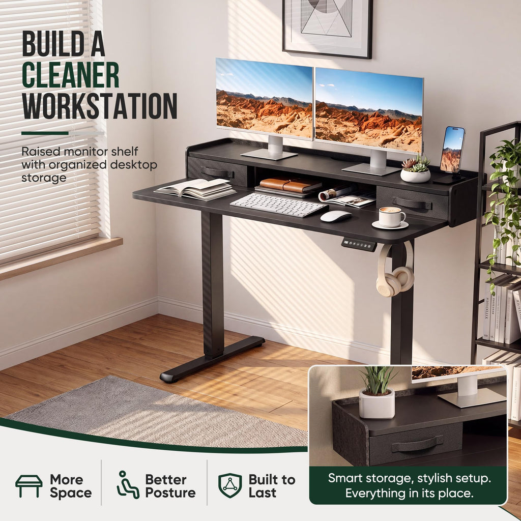 Electric Standing Desk with 2 Drawers, Adjustable Height Computer Desk with Monitor Shelf Sit Stand Table with Splice
