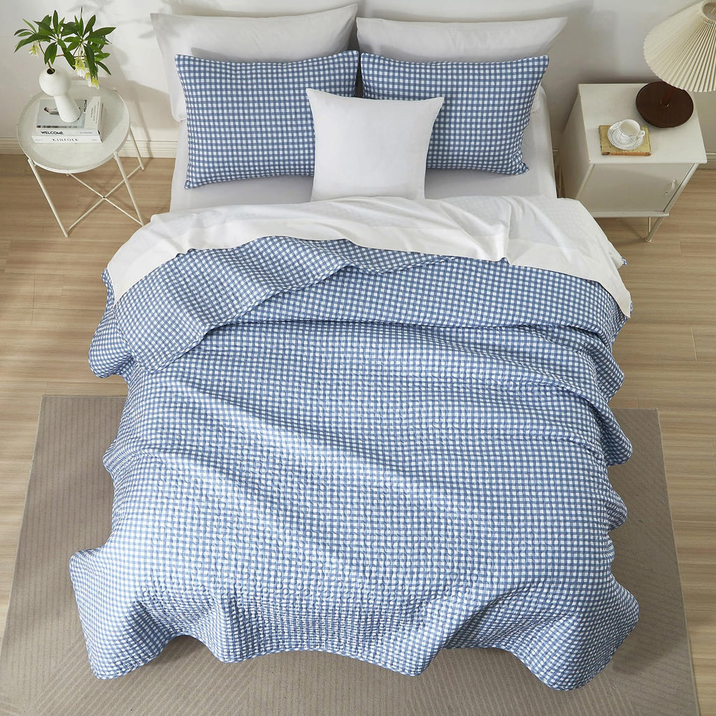 Blue Gingham Quilt Bedding Set, Vintage Plaid Grid Bedspread Checkered Pattern Lightweight Comforter for