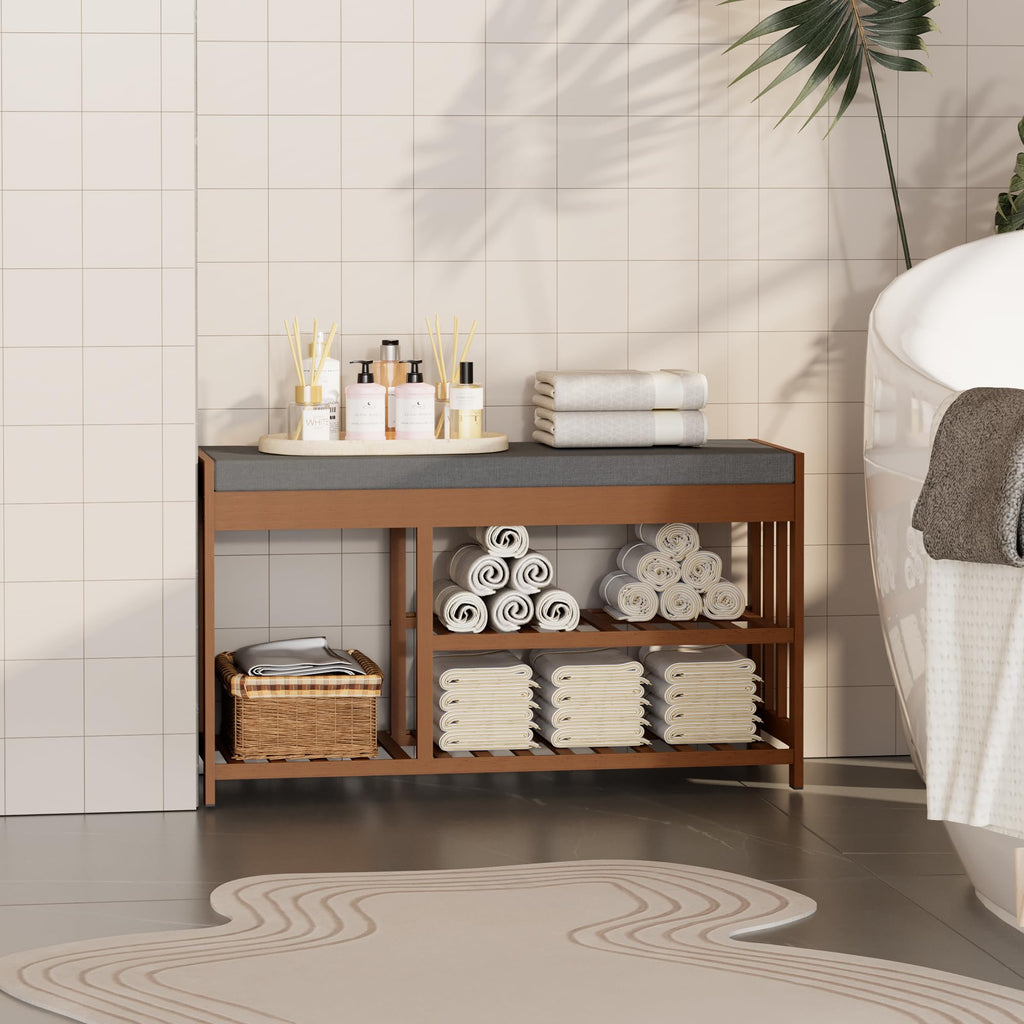 Shoe Rack Bench, Bamboo Shoe Storage Bench with Cushion