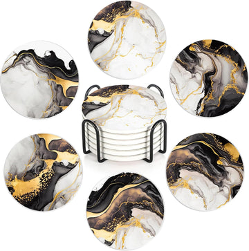 Black Gold Marble Ceramic Coaster, Water-Absorbent Beverage Pads for Dining Table Decor & Glass Protection - Set of 6