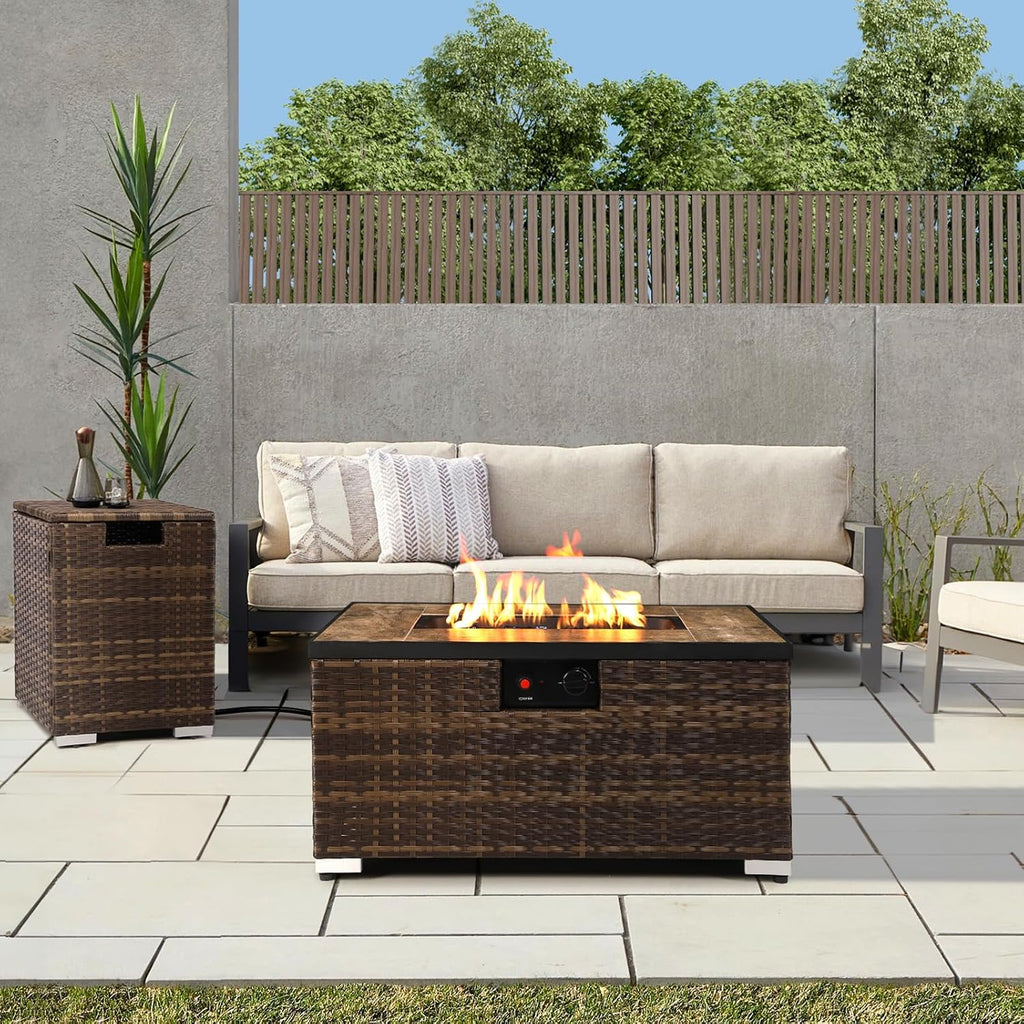 32'' Rattan Wicker Propane Fire Pit Table w/Tank Holder Rectangle | Handmade 2-Piece Wicker Fire Table for Outside
