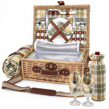 Wicker Picnic Basket for 2, Blanket & Wine Pouch, 16.6" Green