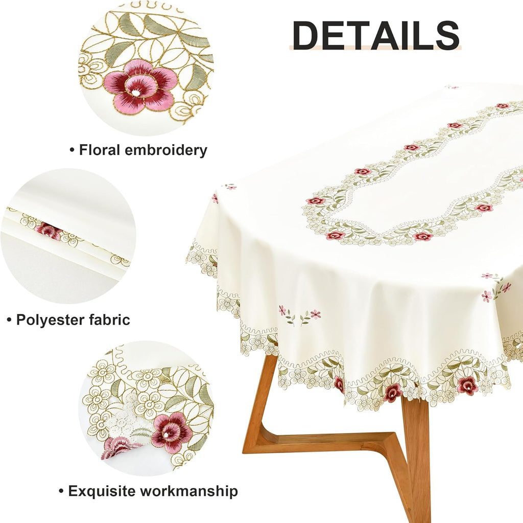 Jacquard Floral Oval Tablecloth Little Rose Embroidered Lace Beige Table Cover Dining Kitchen Decor 