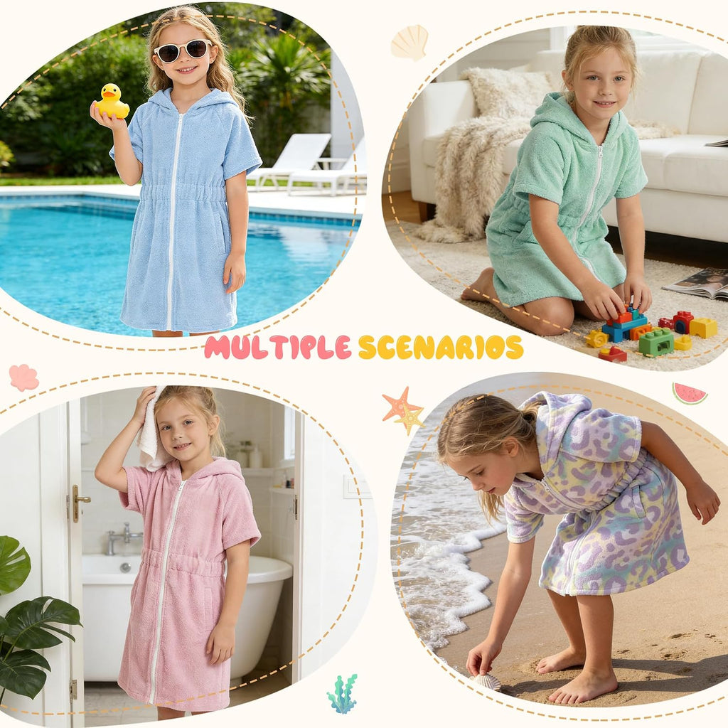 Girls Swim Cover Up Hooded with Zipper, Terry Cloth Quick Dry Absorbent Wrap After Swim Pool Beach