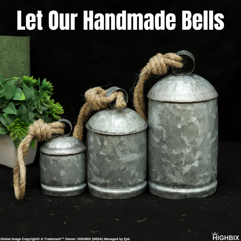 Set of 3 Medium Galvanized Metal Hanging Cow Bells Rustic Farmhouse Vintage-Style Cowbells with Jute Rope for Wall
