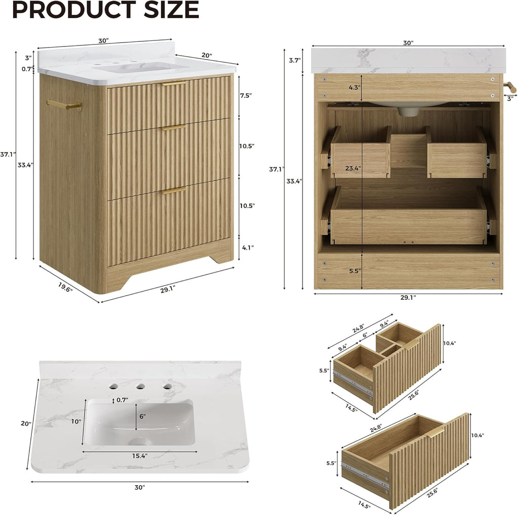 30" Freestanding Bathroom Vanity with Ceramic Sink - Vanity Cabinet with 2 Drawers & Flip-Down Storage