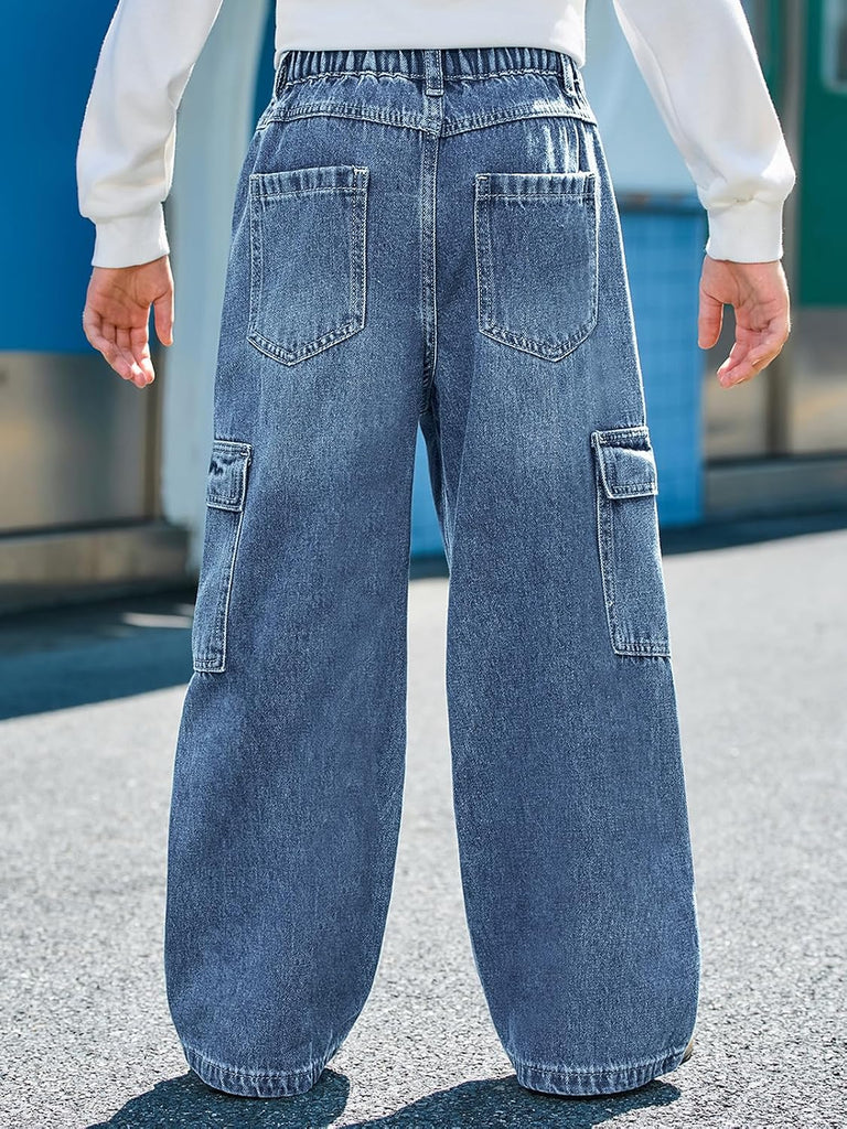 Boys Cargo Jeans Kids Baggy Elastic Waist Wide Leg Denim Pants with Pockets