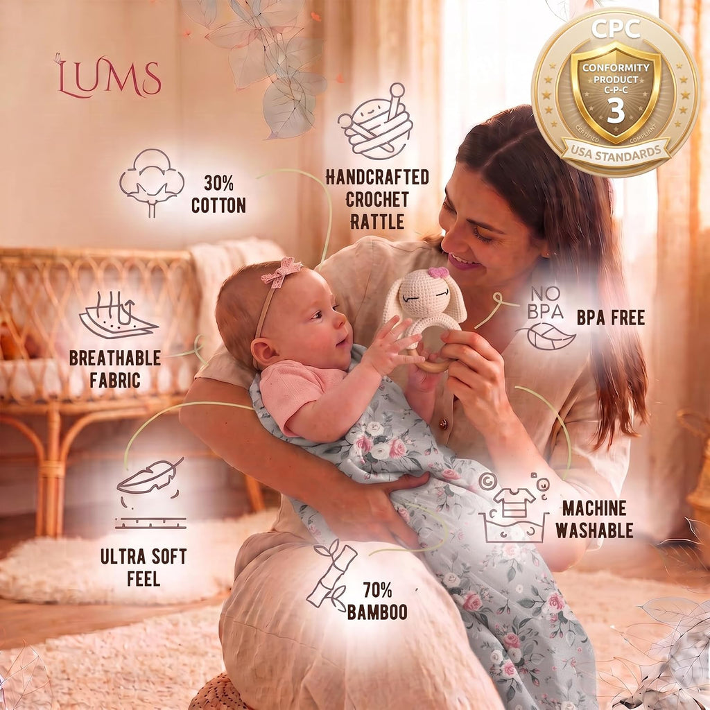 Baby Gift Basket - Newborn Gift Set 6 Pieces: Bamboo Blanket, Footprint Frame, Rattle, Comb, Pacifier Clip &