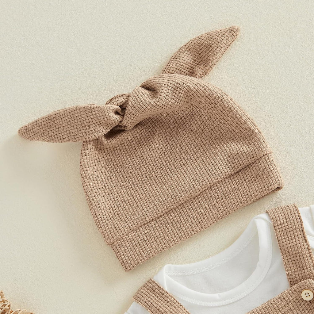 Newborn Baby Boy Clothes Summer Outfit Solid Color Short Sleeve Romper Waffle Suspender Shorts Overall Set 3Pcs