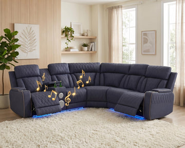 Power Reclining Sectional Couch with Speakers, Faux Leather Recliner Sofa, L-Shaped Reclining Sectional with LED