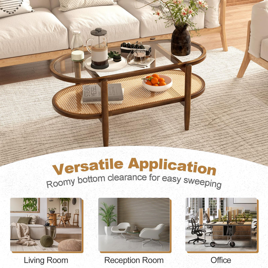 Rattan Coffee Table, 2-Tier Oval Acacia Wood Tea Table w/Tempered Glass Tabletop & PE Rattan Storage Shelf, Boho