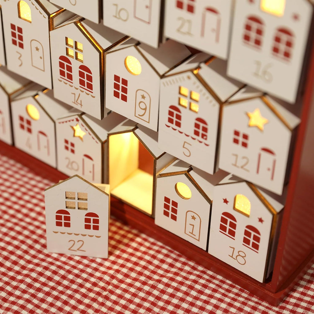 Extra-Large Wooden Advent Calendar 2025 with LED Lights, Christmas Countdown Calendar, House-Shaped Drawers for Kids