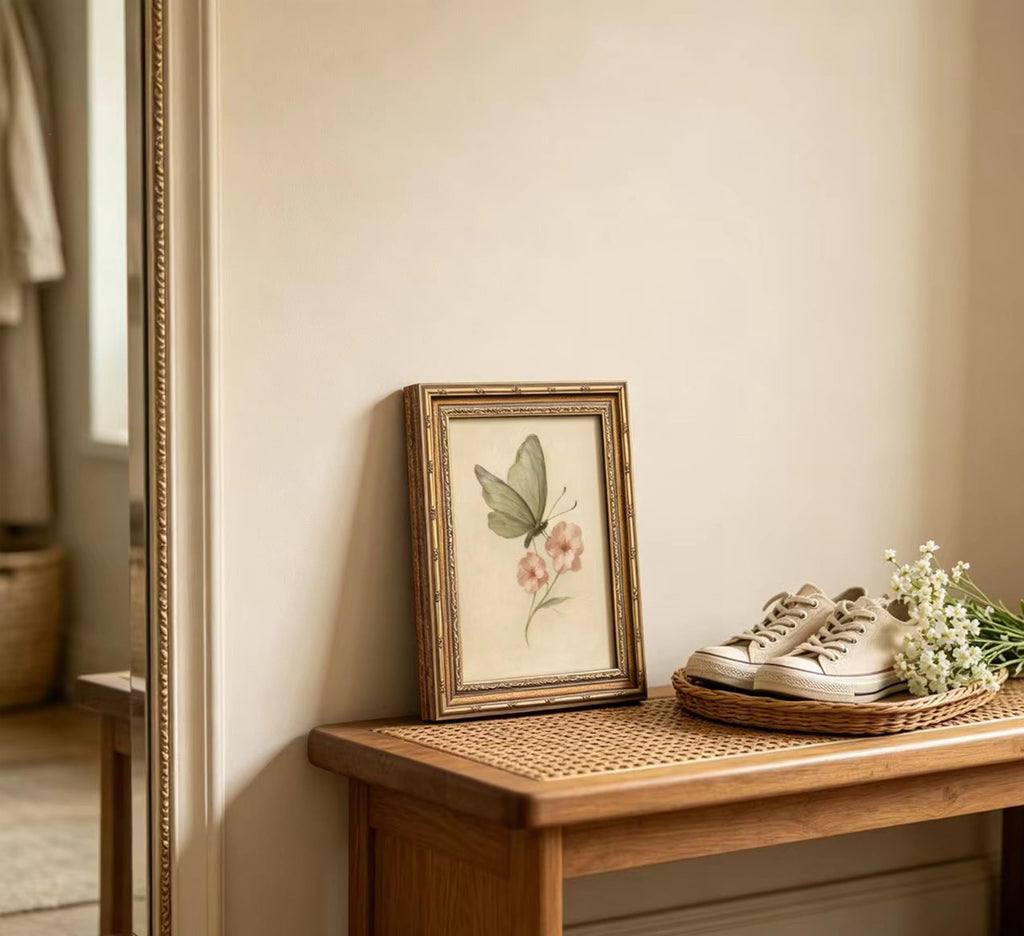 Vintage Gold Framed Wall Art, Retro Butterfly and Pink Flower Oil Painting Canvas Prints, Beige Insect Picture