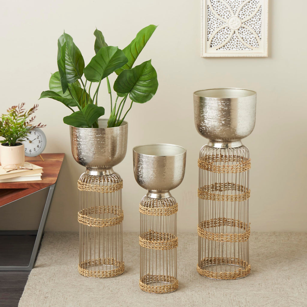 Metal Indoor Planter Textured Dome Large Planter Pot with Woven Seagrass and Caged Rod Pedestal Base, Set of 3