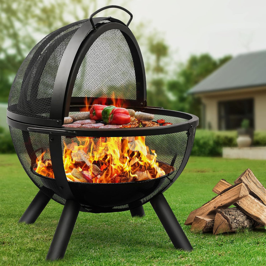 Globe Fire Pit with BBQ Grill - Spherical Wood Burning Fire Ball
