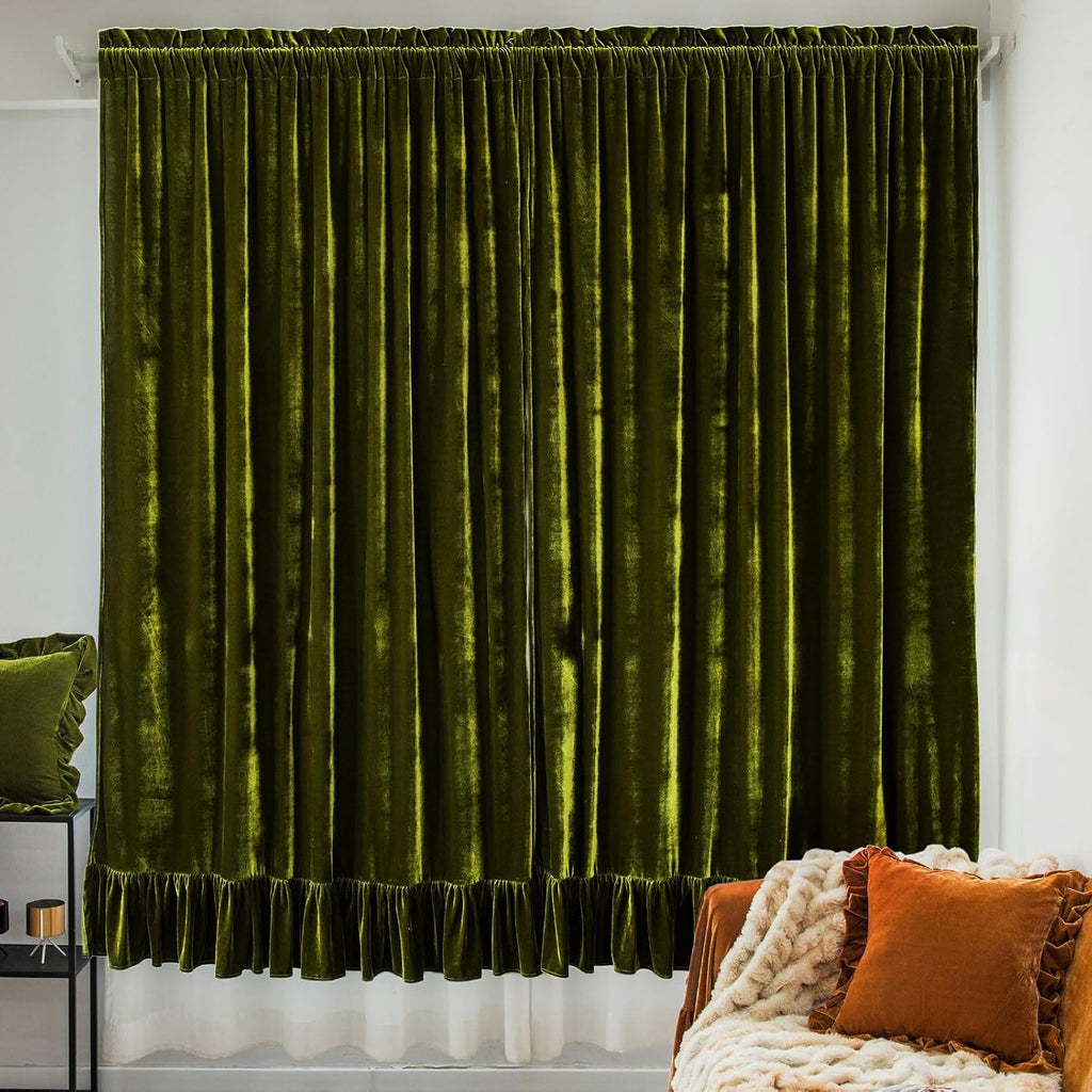 Velvet Curtains Set of 2 Retro Ruffle Flounces Trim Soft Decorative Luxurious Solid Olive Green Farmhouse Vintage