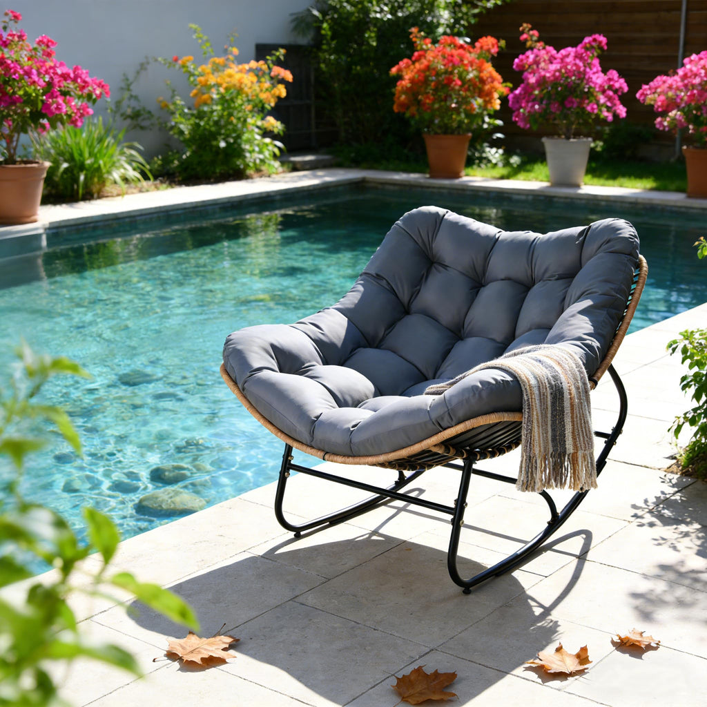 Oversized Wicker Rocking Chair Indoor Outdoor, 450 LBS Heavy Duty Patio Papasan Egg Chair with Cushion, E-Coated