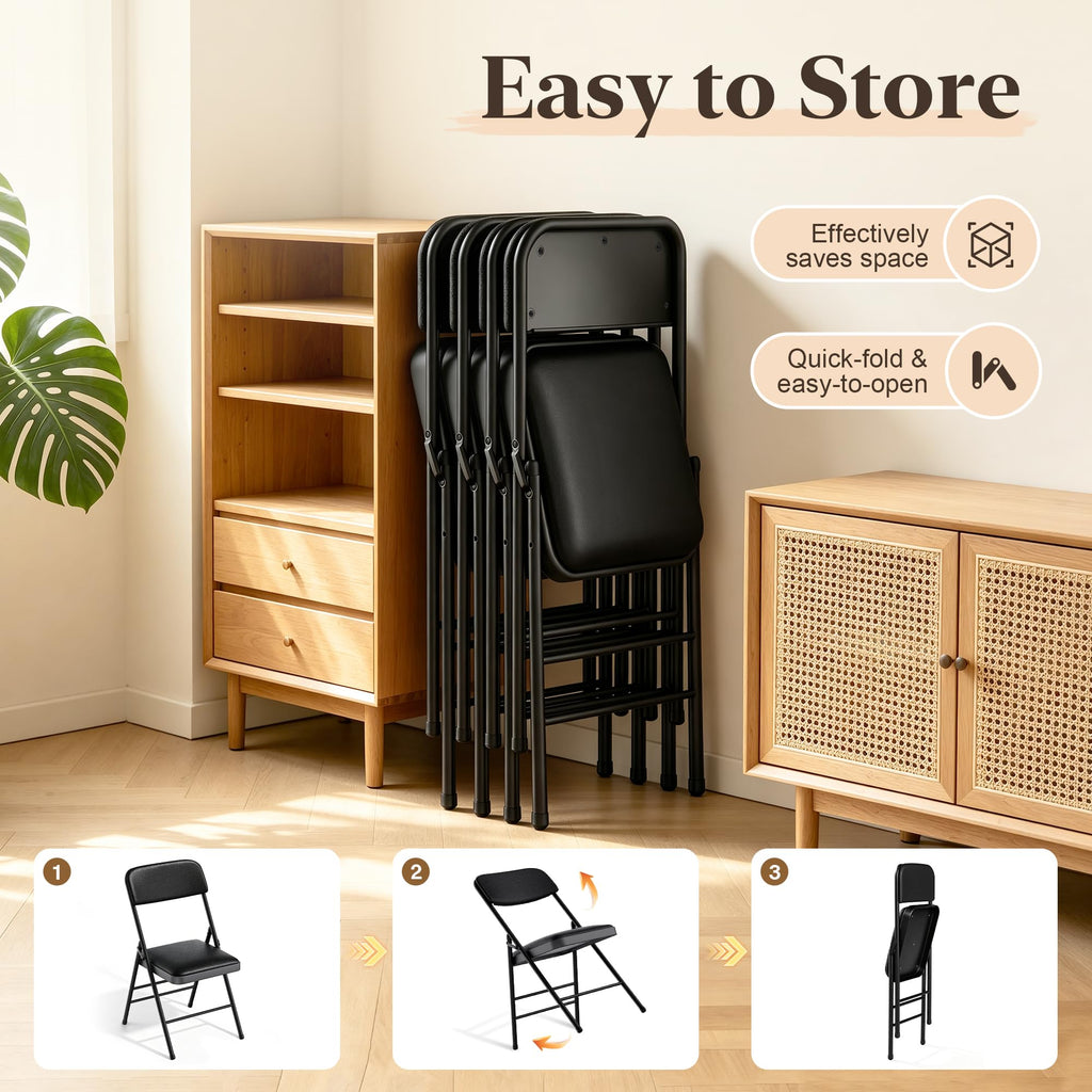 8 Pack Padded Folding Chairs, Capacity 350 LBS Foldable Chair, PU‐Black