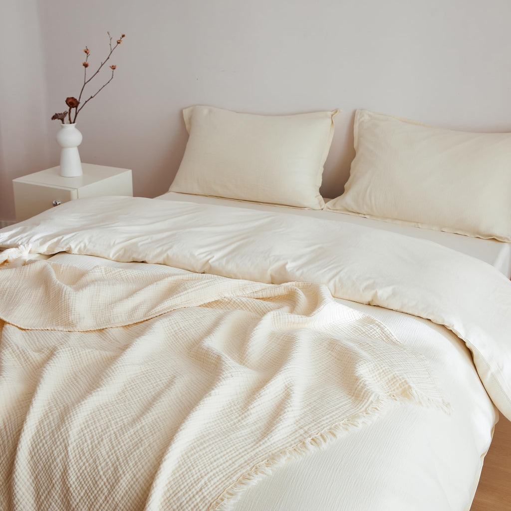 Cotton Muslin Throw Blanket 4 Layers for Bed, Couch, Woven Gauze Blanket with Tassels, Soft Lightweight Cozy