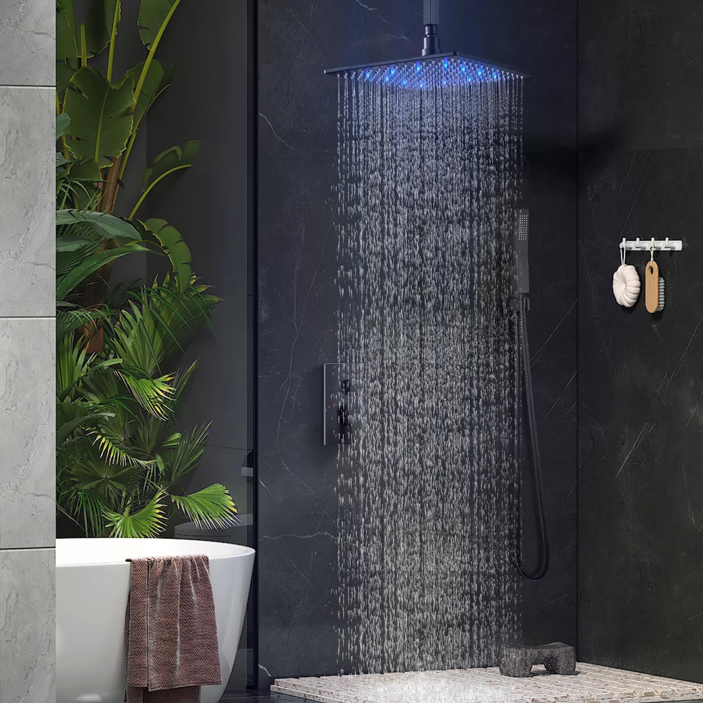 Ceiling Shower Faucet Set with Handheld 12" LED Head Matte Black