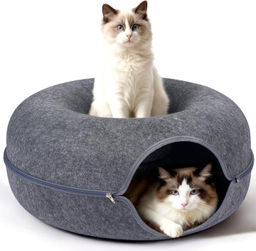 Cat Cave Bed - Peekaboo Cat Donut Tunnel, Scratch-Resistant Felt Cat Nest for Indoor Cats, Detachable Round Cat