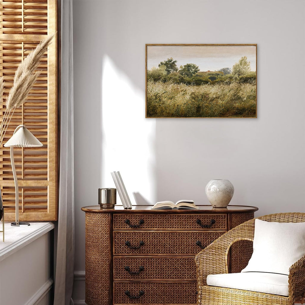 Framed Canvas Wall Art, Vintage Meadow Landscape Wall Art Prints, Retro Country Wildflower Field Farmhouse Wall Decor