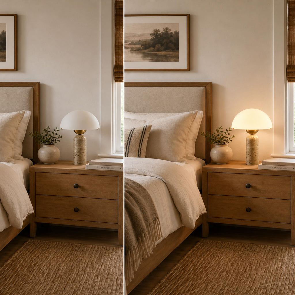 Natural Travertine Table Lamp, 14.5 in Dome Mushroom Nightstand Light