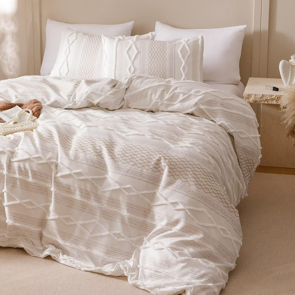 White Boho Comforter Set Queen Farmhouse Tufted Bedding Set Soft Bohemain Shabby Chic Blanket Quilts Embroidery