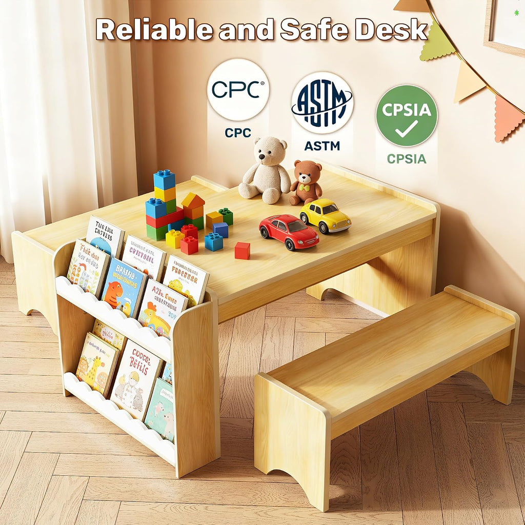 Montessori Kids Table and Bench Set, Kids Table and Chairs Set, Indoor Kid Craft Tables with Storage, Toddler Desk