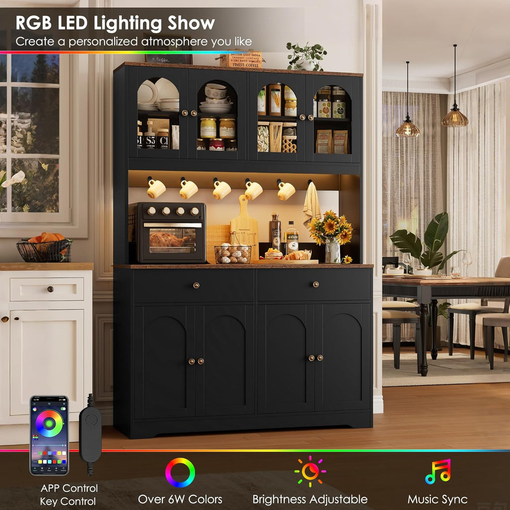 71" LED Kitchen Pantry Cabinet with Power Outlet, Tall Hutch, Black | Coffee bar Hutch Cabinet with 2 Storage