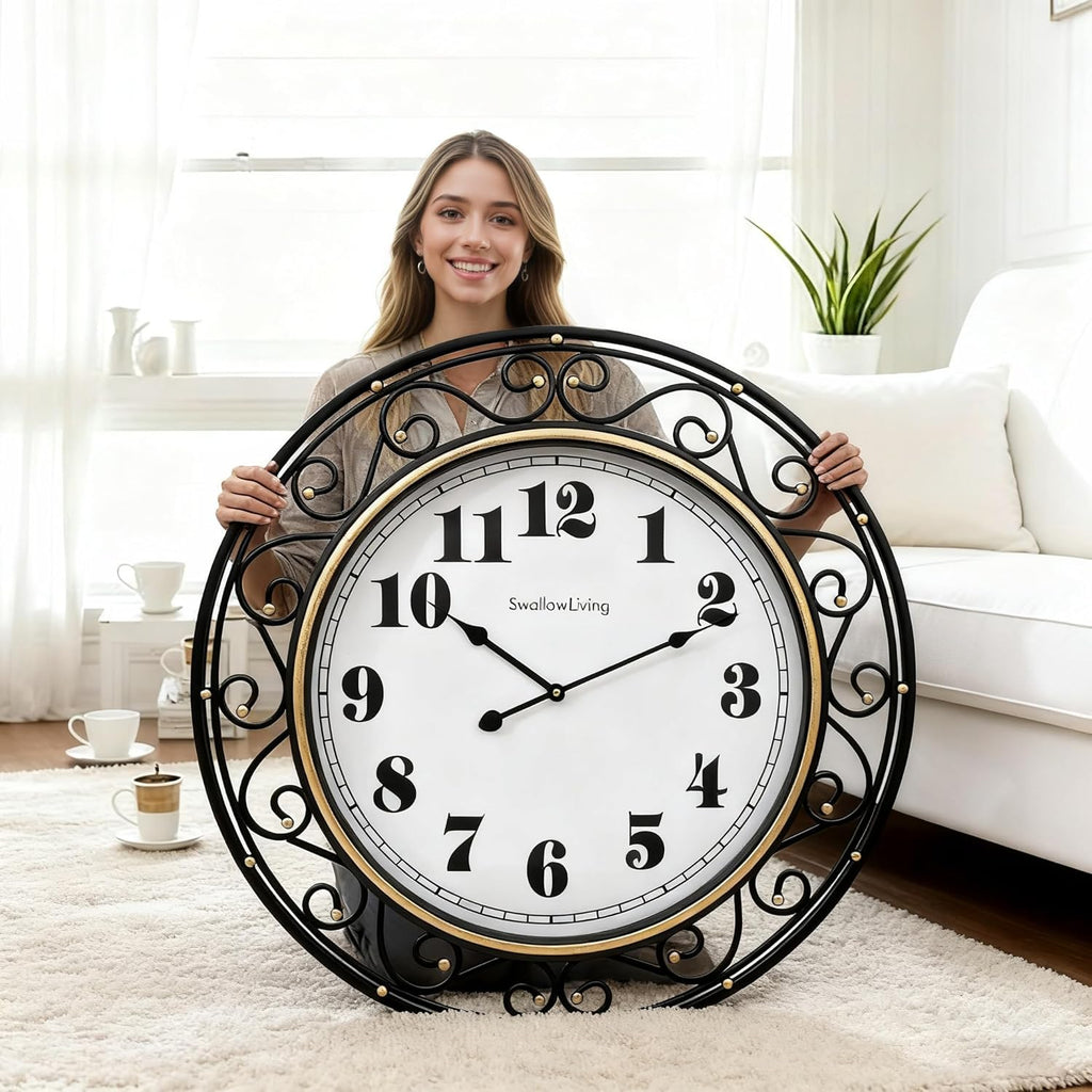 24 Inch Vintage Iron Metal Frame Wall Clock Silent, Battery Operated, Elegant Retro Decor