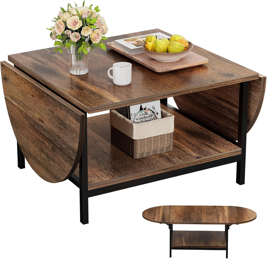Folding Coffee Table, Small Coffee Tables with 2-Tier Storage, Mid Century Modern Center Table for Small Space