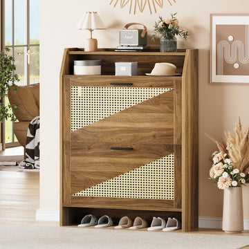 Rattan Shoe Storage Cabinet with 2 Flip Drawers, Wooden Shoe Cabinet with Adjustable Shelf, Narrow Shoe Rack