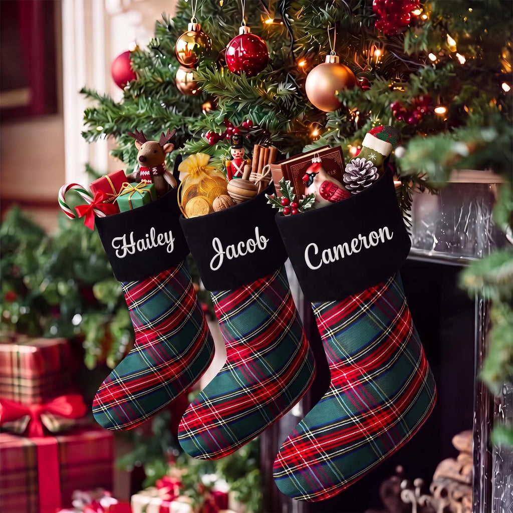 4 Pcs Tartan Plaid Christmas Stockings with Velvet Cuff 18", Green