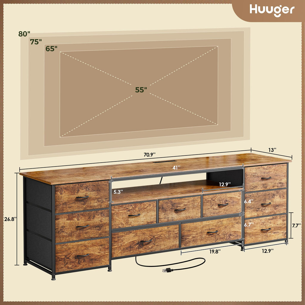 70 Inch TV Stand for 75, 80 Inch TV, 11 Drawer Long Dresser with Power Outlets and LED Lights, Entertainment Center
