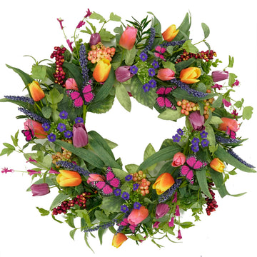 22 inch Spring Summer Wreath Tulip Wreath for Front Door with Purple Tassels, Eucalyptus Leaves, Ferns, Butterflies