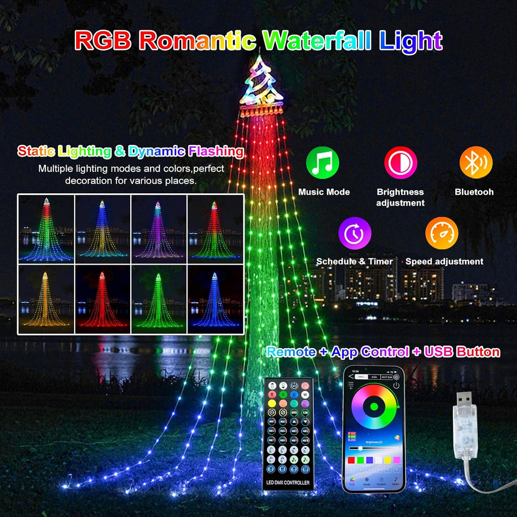 Outdoor Christmas Decorations Tree String Light with Remote APP Control 10FT 305LED Waterfall RGB Color Changing