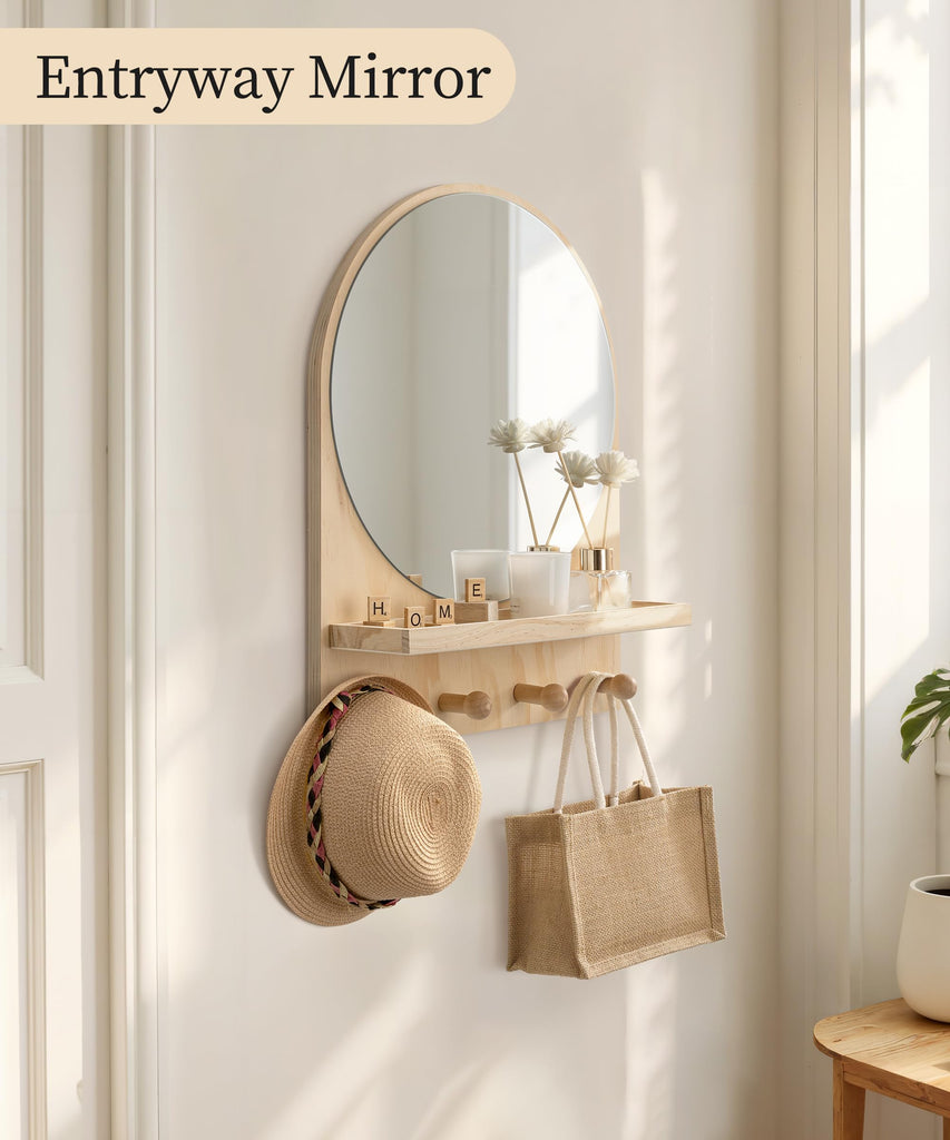 Nursery Wall Shelf with Mirror, Natural Wood Boho Arch Design