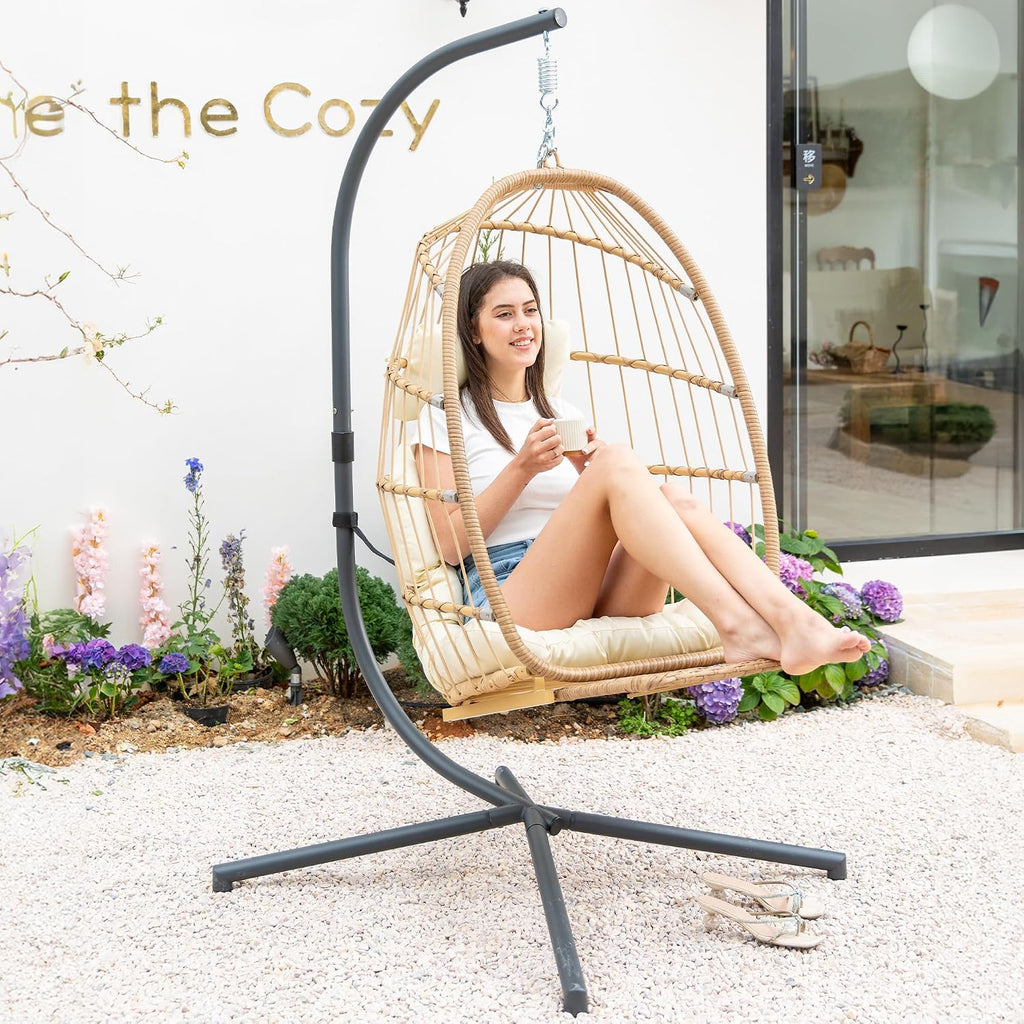 Hanging Egg Chair with Stand and Footrest for Indoor Outdoor, Beige | Hammock Egg Chairs with Footrest and UV