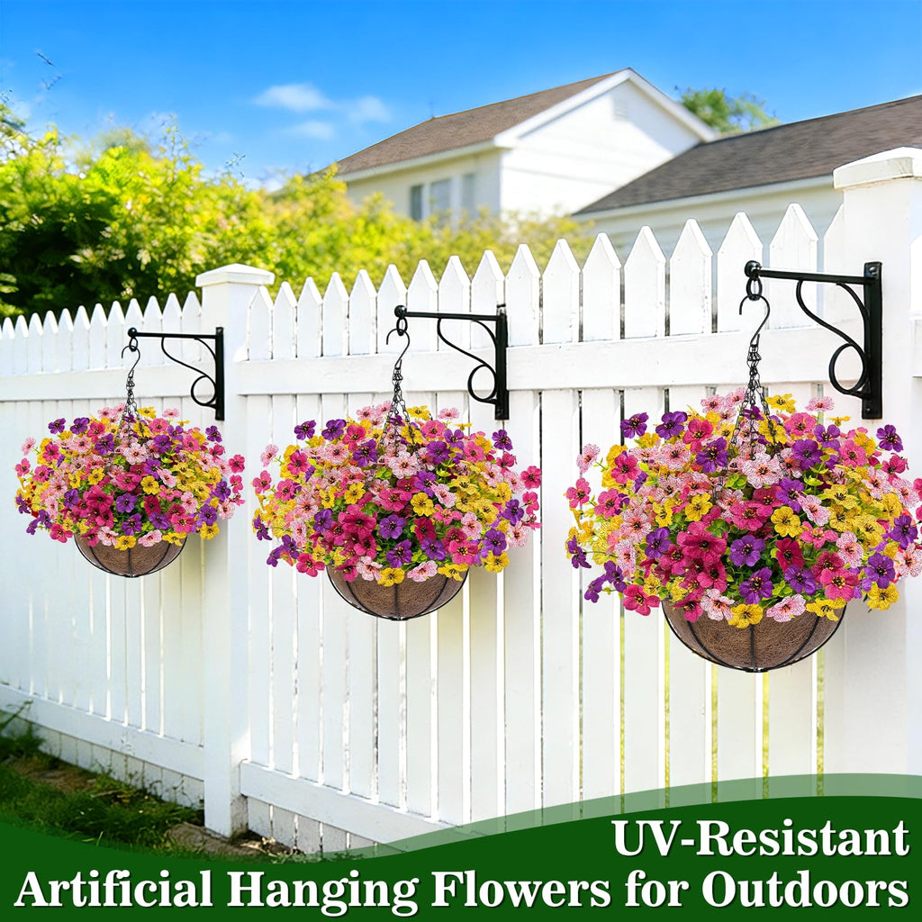 2 Sets Artificial Hanging Plants Flowers Basket Outdoor, Fake Hanging Plants 24 Pcs Flowers for Porch Patio Garden