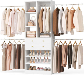 Closet System, 4.2-8.8 FT Closet Organizer with 2 Wooden Drawers and Shelves, Walk-in Closet System with 5 Hang Rods