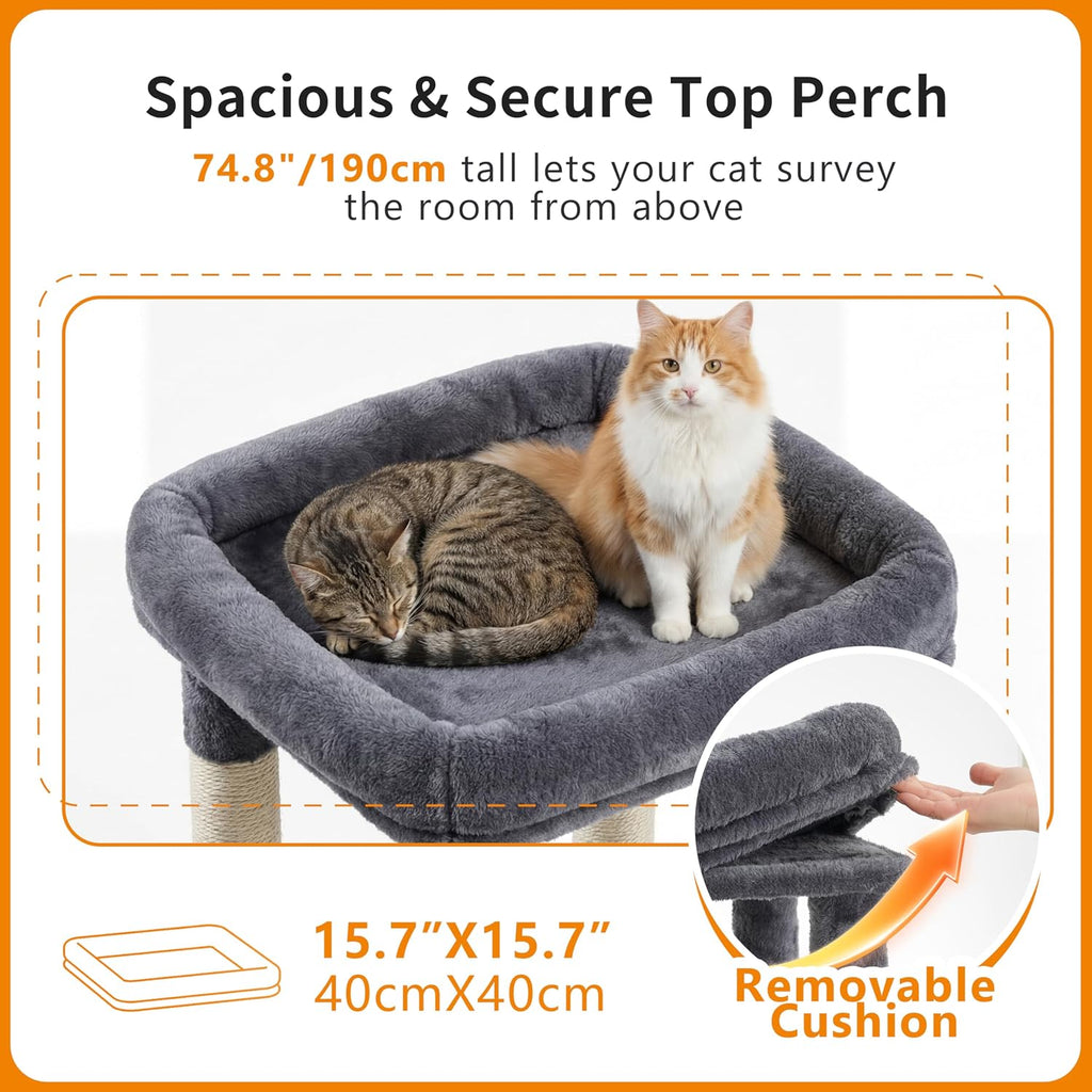 Cat Tree, 74.8-Inch Spacious & Tall Cat Tower for Large Cats