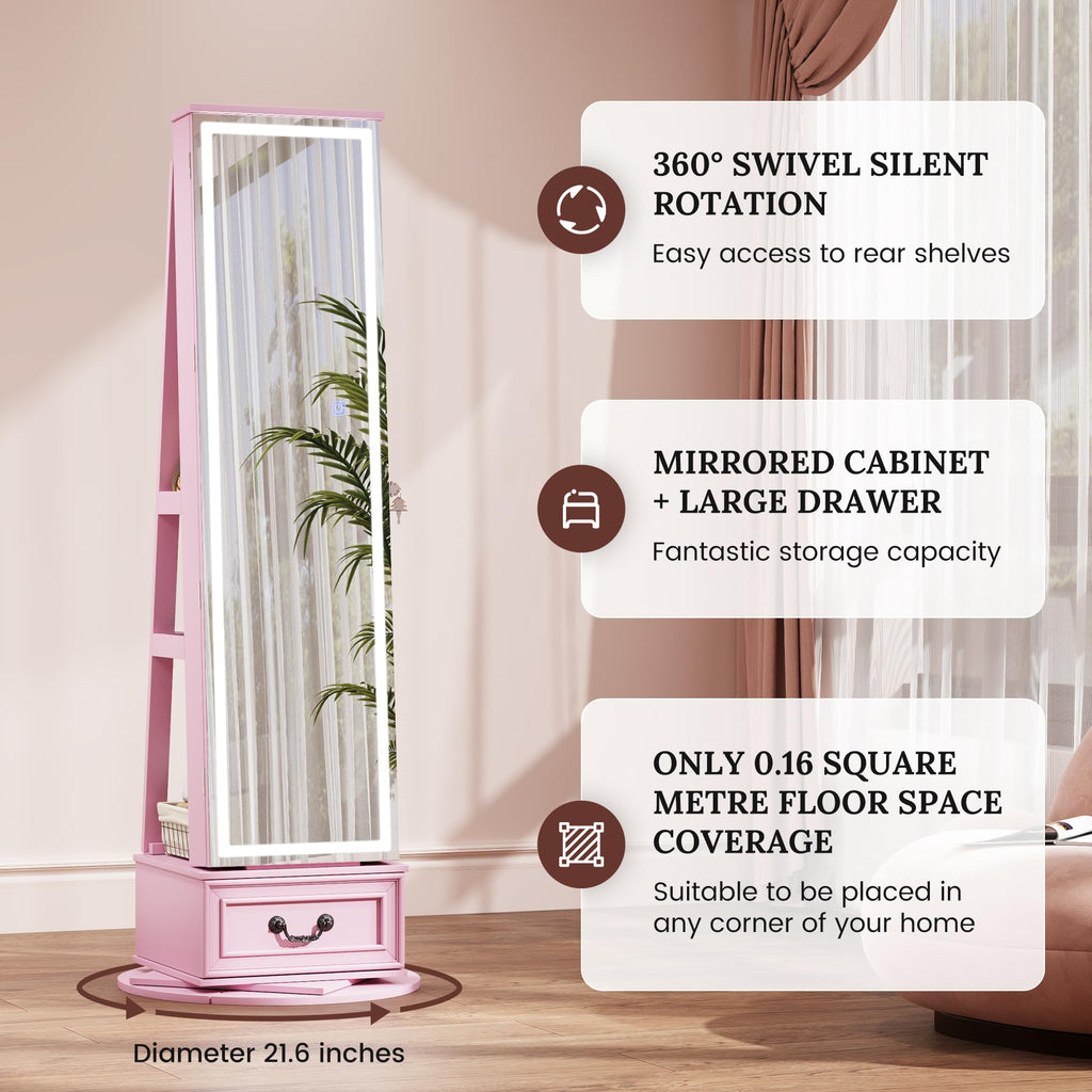 LED Mirror Jewelry Cabinet Standing, 360°Swivel Jewelry Armoire with Full Length Mirror, Mirror with Jewelry Storage