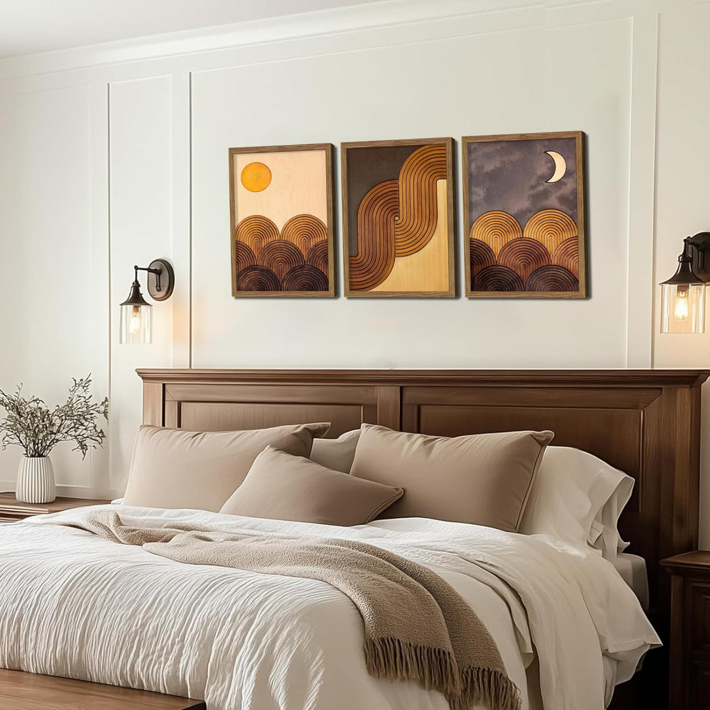 Abstract Framed Wooden Canvas Wall Art Set of 3 - Sun Moon Geometric Boho Modern Wall Decor, Golden Brown Mid Century
