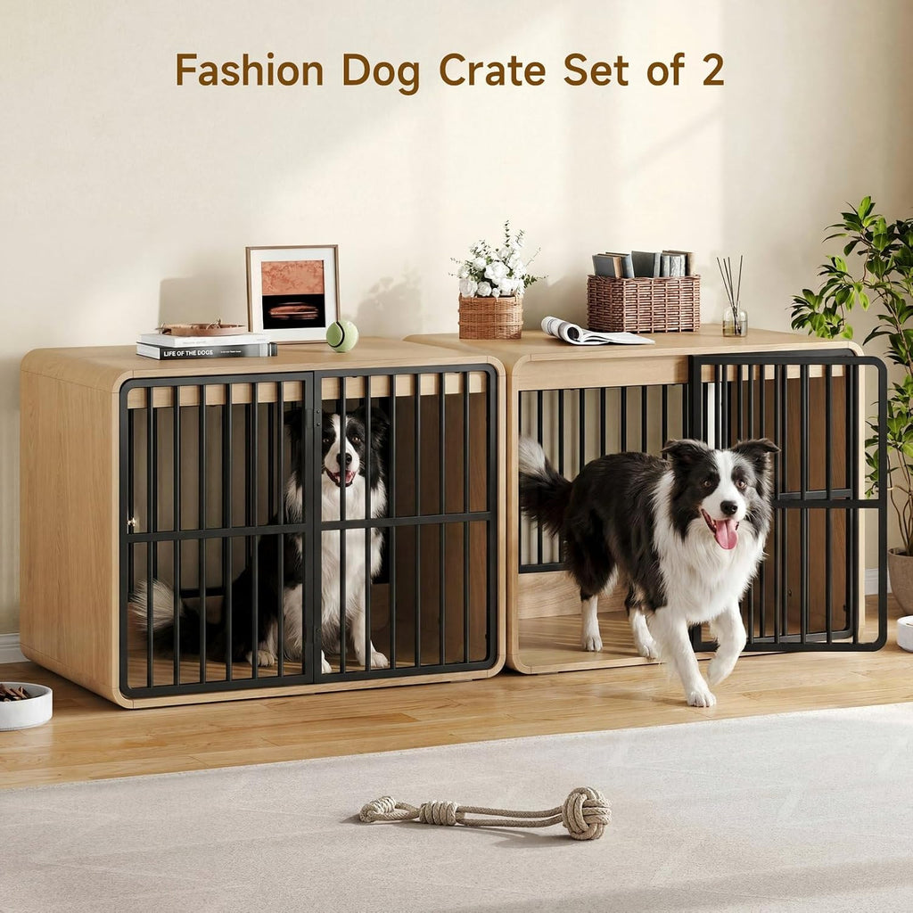 32" Dog Crate Furniture End Table for Medium Dogs, Natural Oak