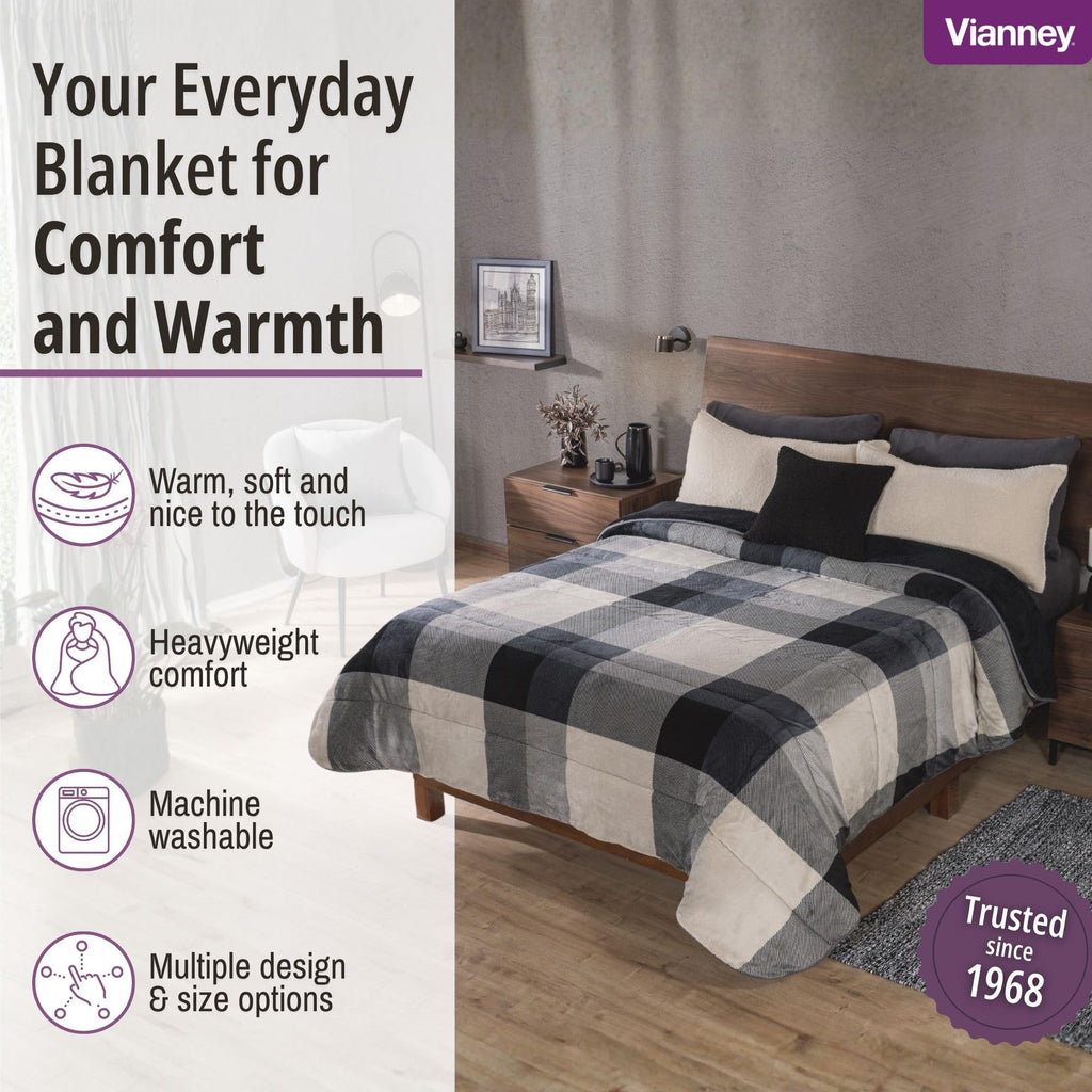 Black Grey Plaid Full/Queen Reversible Sherpa Throw Blanket Plush
