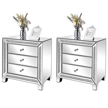 Mirrored Nightstands Set of 2, 23" W Glass Mirror Night Stand Set of 2, Modern Bedside Table 3 Drawer Glass Side End