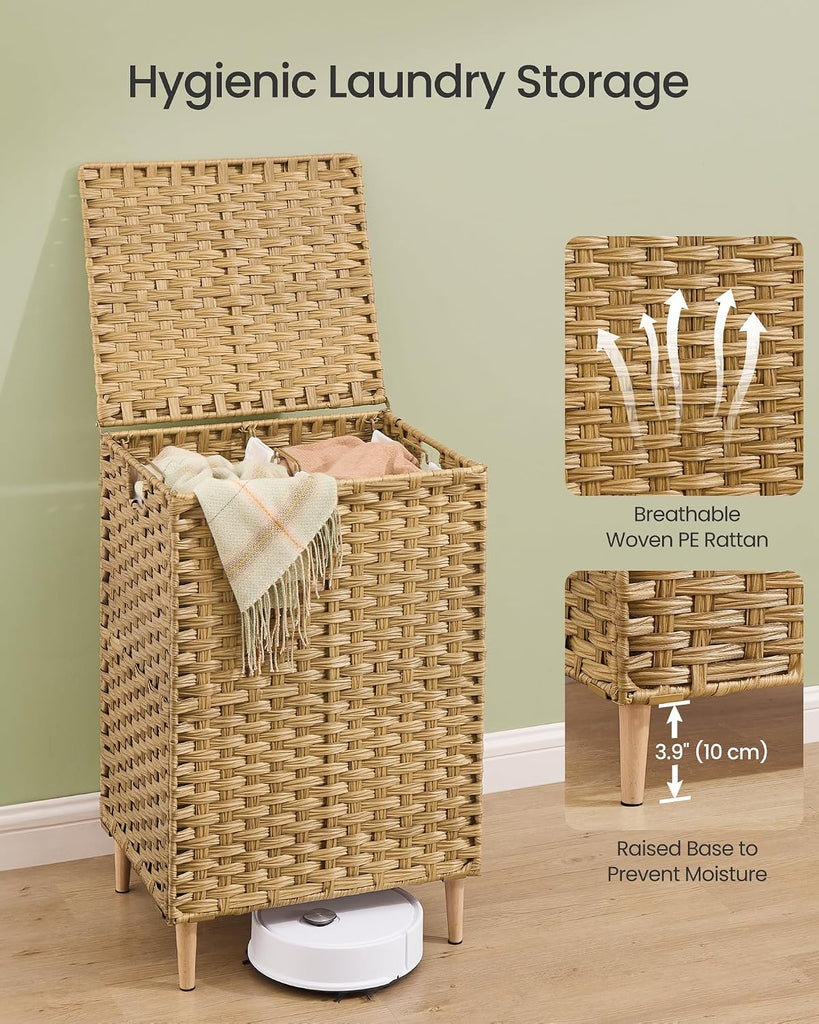 2-Section Laundry Hamper with Lid, 29 Gal (110L) PE Rattan Laundry Basket with Removable Washable Liners, Goose