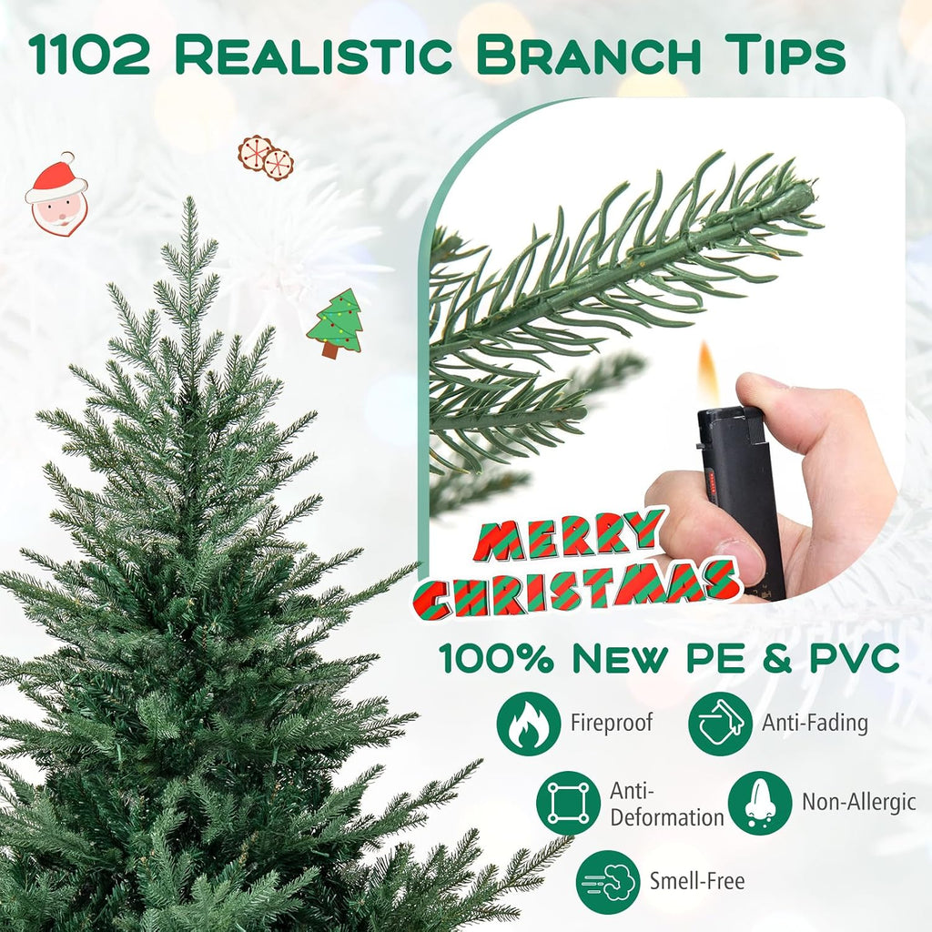 7 FT Pre-Lit Hinged Christmas Tree, Artificial Xmas Tree with 1102 Branch Tips, 350 Warm White LED Lights, 8 Lighting