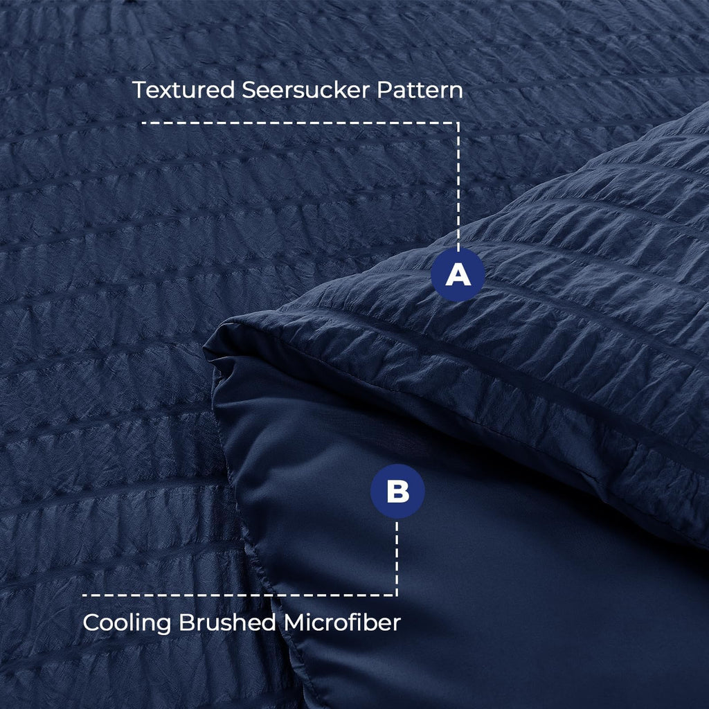 Duvet Cover, Seersucker Bedding Set, 3 Pieces, Navy Blue